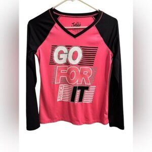 GIRLS JUSTICE "GO FOR IT" LONG SLEEVE SHIRT Sz 12 BLACK PINK WHITE GLITTER